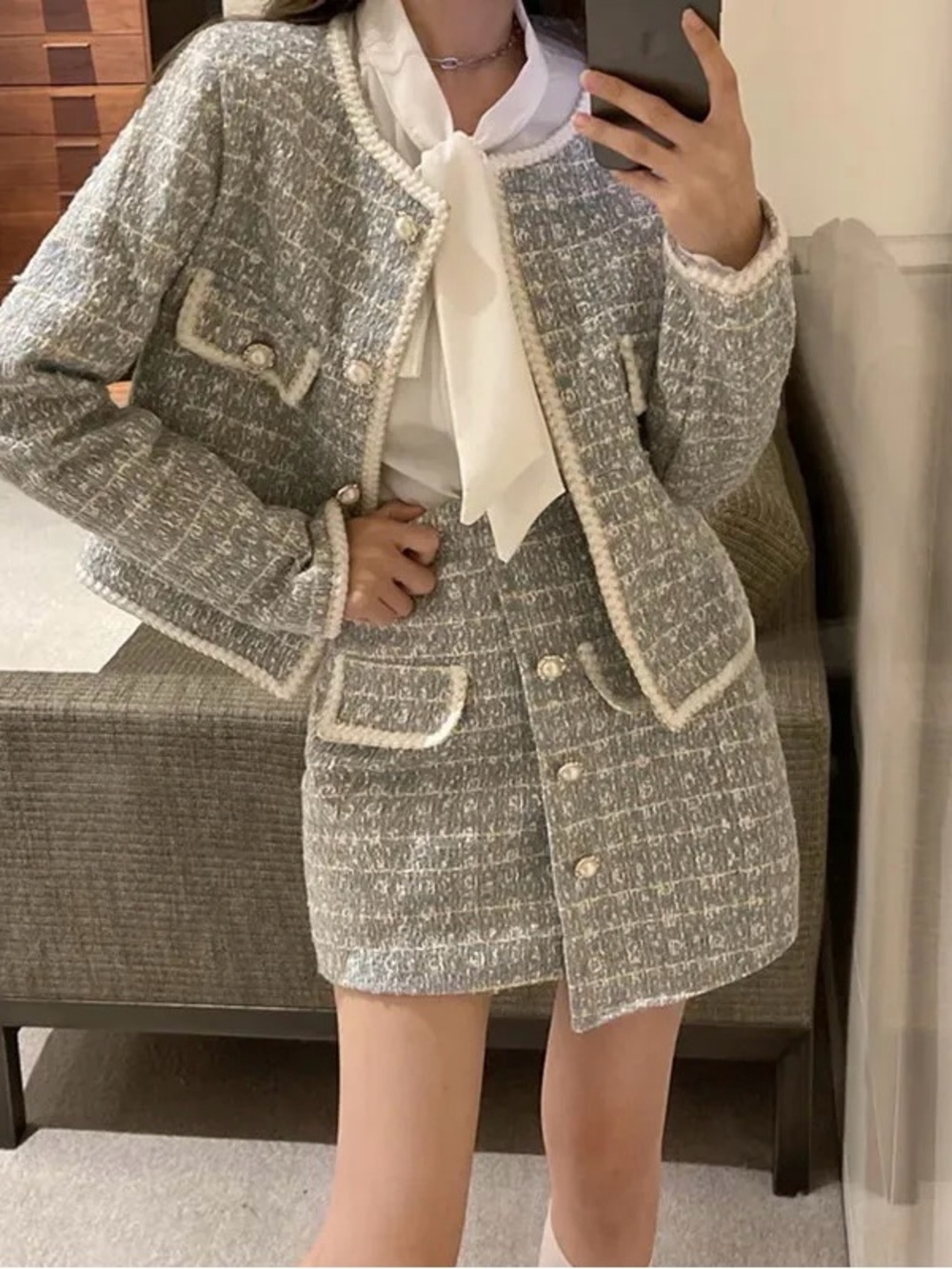 Grey Tweed Set Cropped Jacket and Skirt with Ivory Trim - Women's